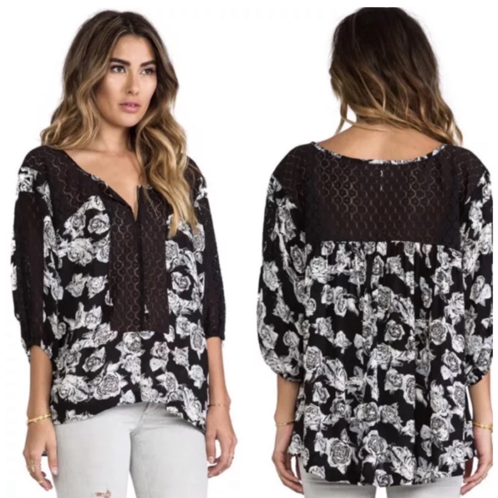 Free People Moon River Floral Peasant Crochet Lace Blouse Size L